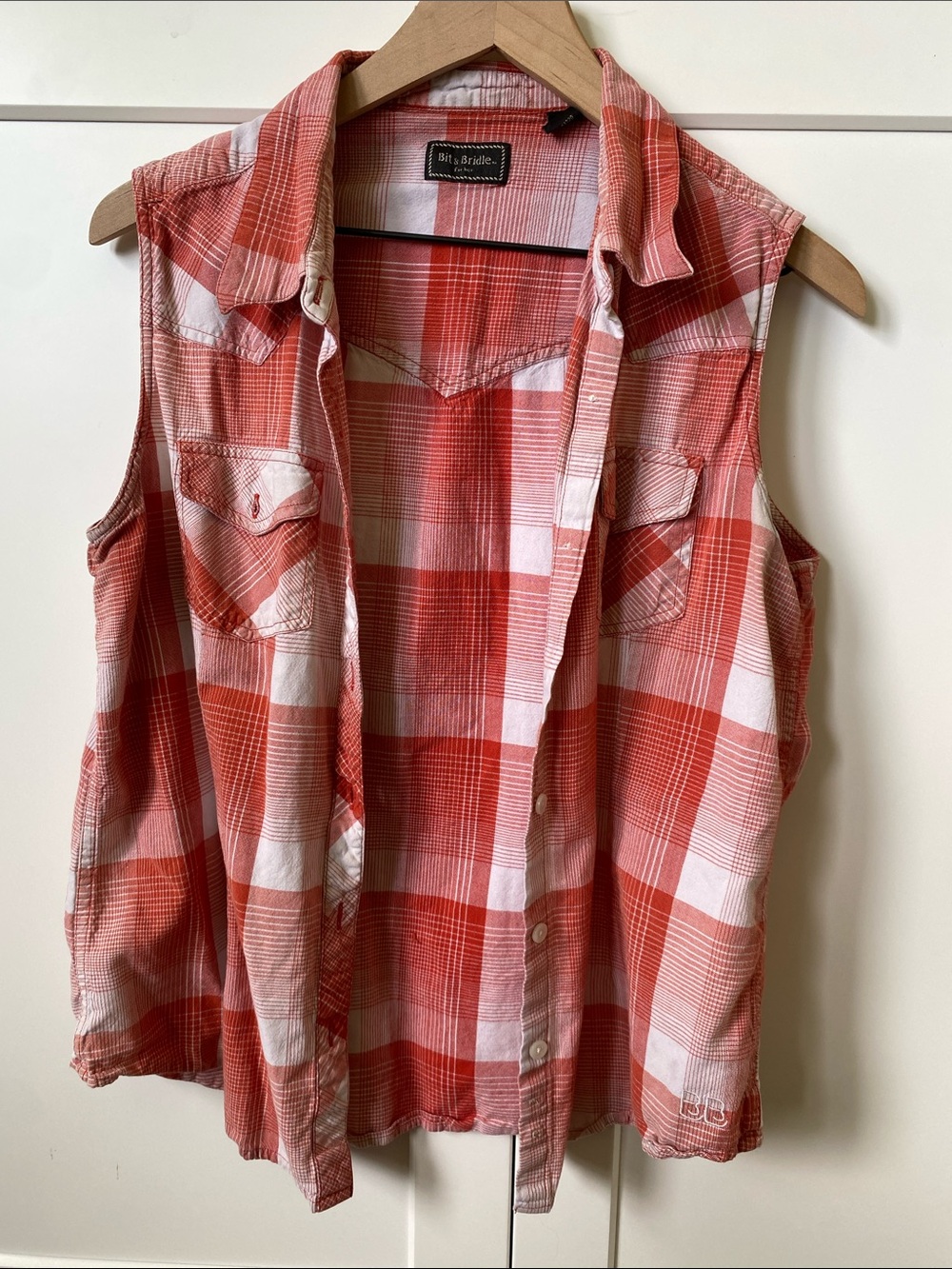 Bit & Bridle Red and White Plaid Sleeveless Button-Down Shirt